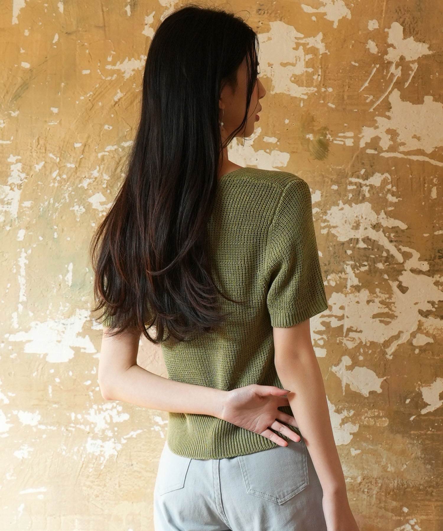 リブ切り替えショート丈半袖ニットsdpxyf6179 グリーン