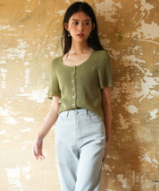 リブ切り替えショート丈半袖ニットsdpxyf6179 グリーン