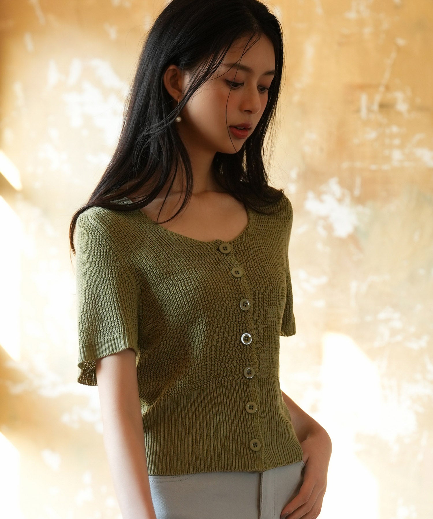 リブ切り替えショート丈半袖ニットsdpxyf6179 グリーン