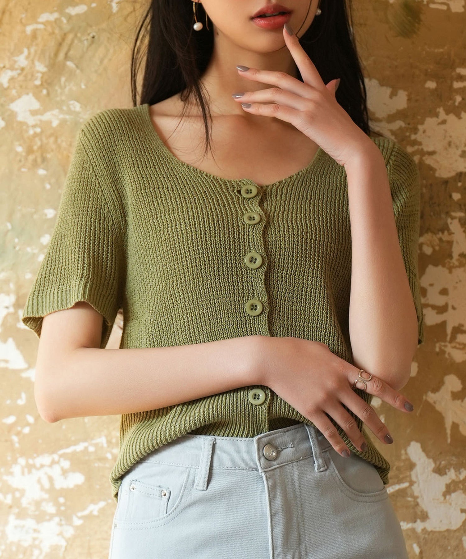 リブ切り替えショート丈半袖ニットsdpxyf6179 グリーン