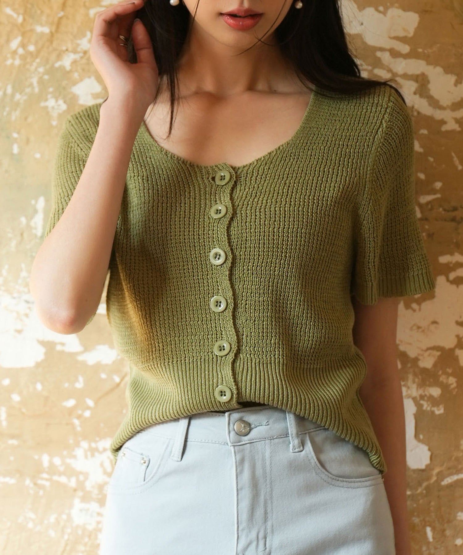 リブ切り替えショート丈半袖ニットsdpxyf6179 グリーン