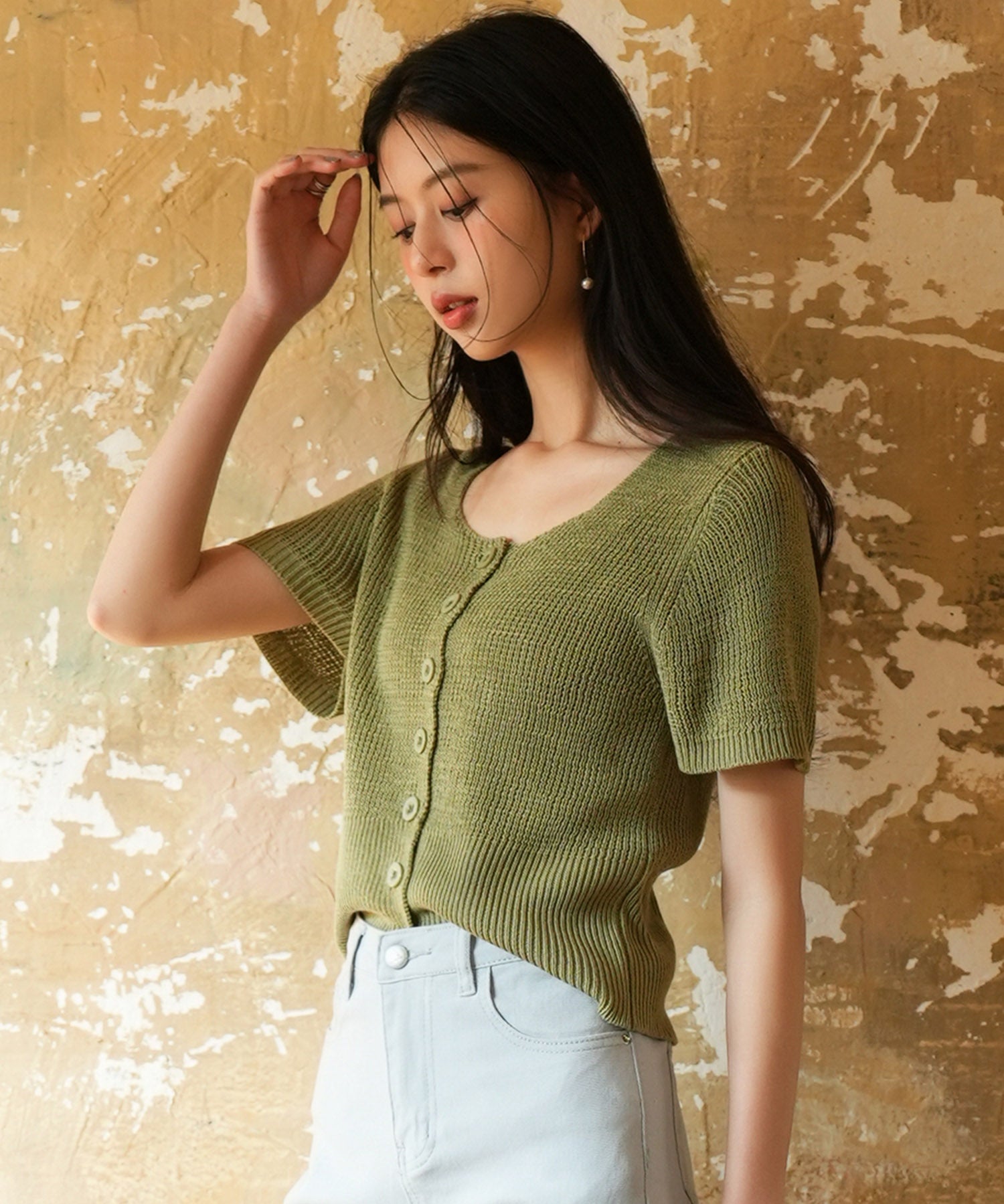 リブ切り替えショート丈半袖ニットsdpxyf6179 グリーン