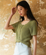 リブ切り替えショート丈半袖ニットsdpxyf6179 グリーン