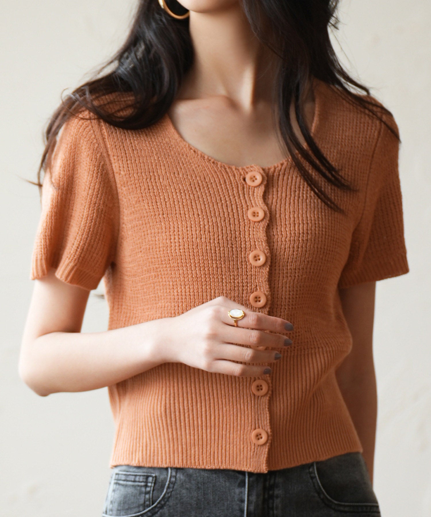 リブ切り替えショート丈半袖ニットsdpxyf6179 コーラル