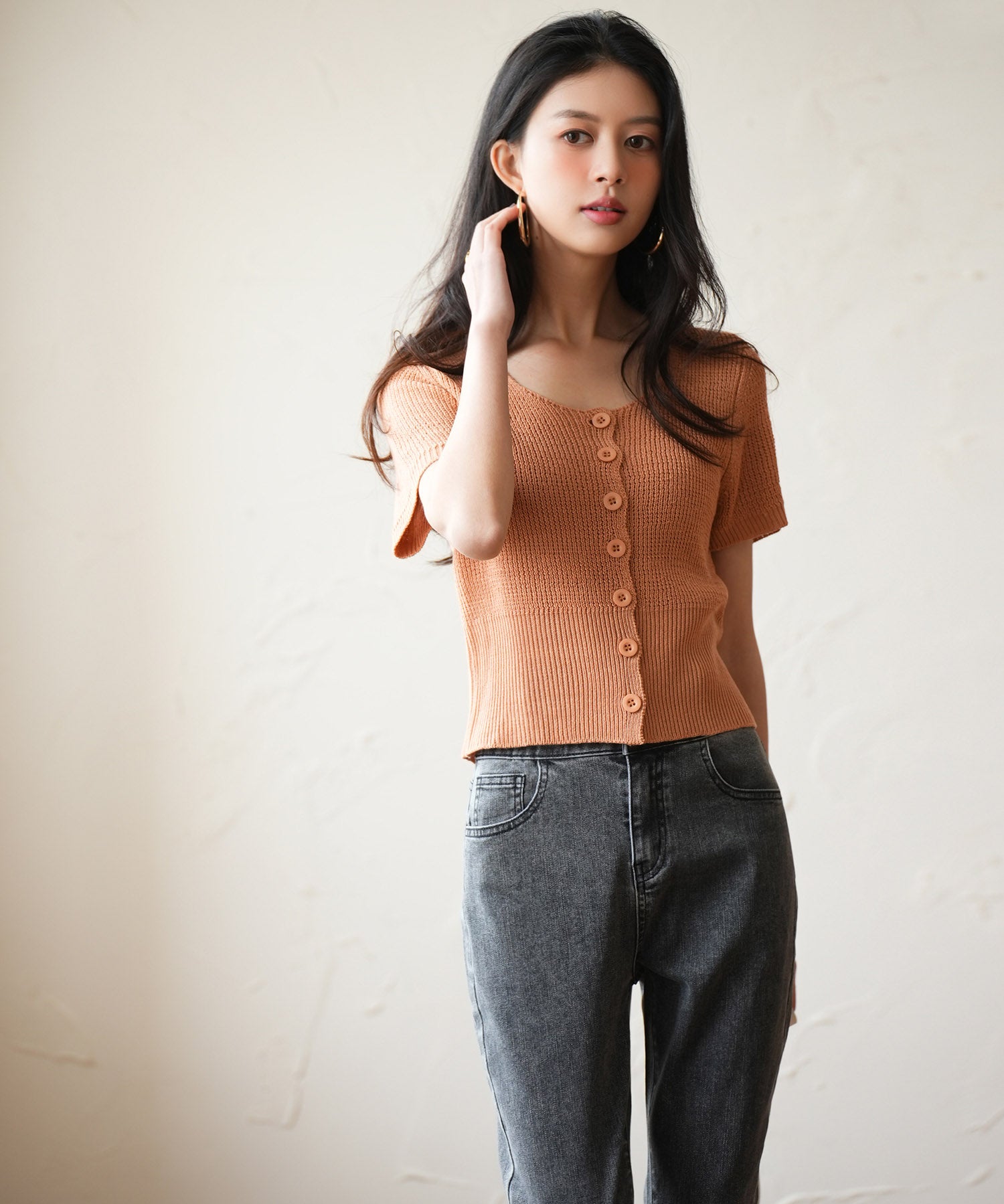 リブ切り替えショート丈半袖ニットsdpxyf6179 コーラル