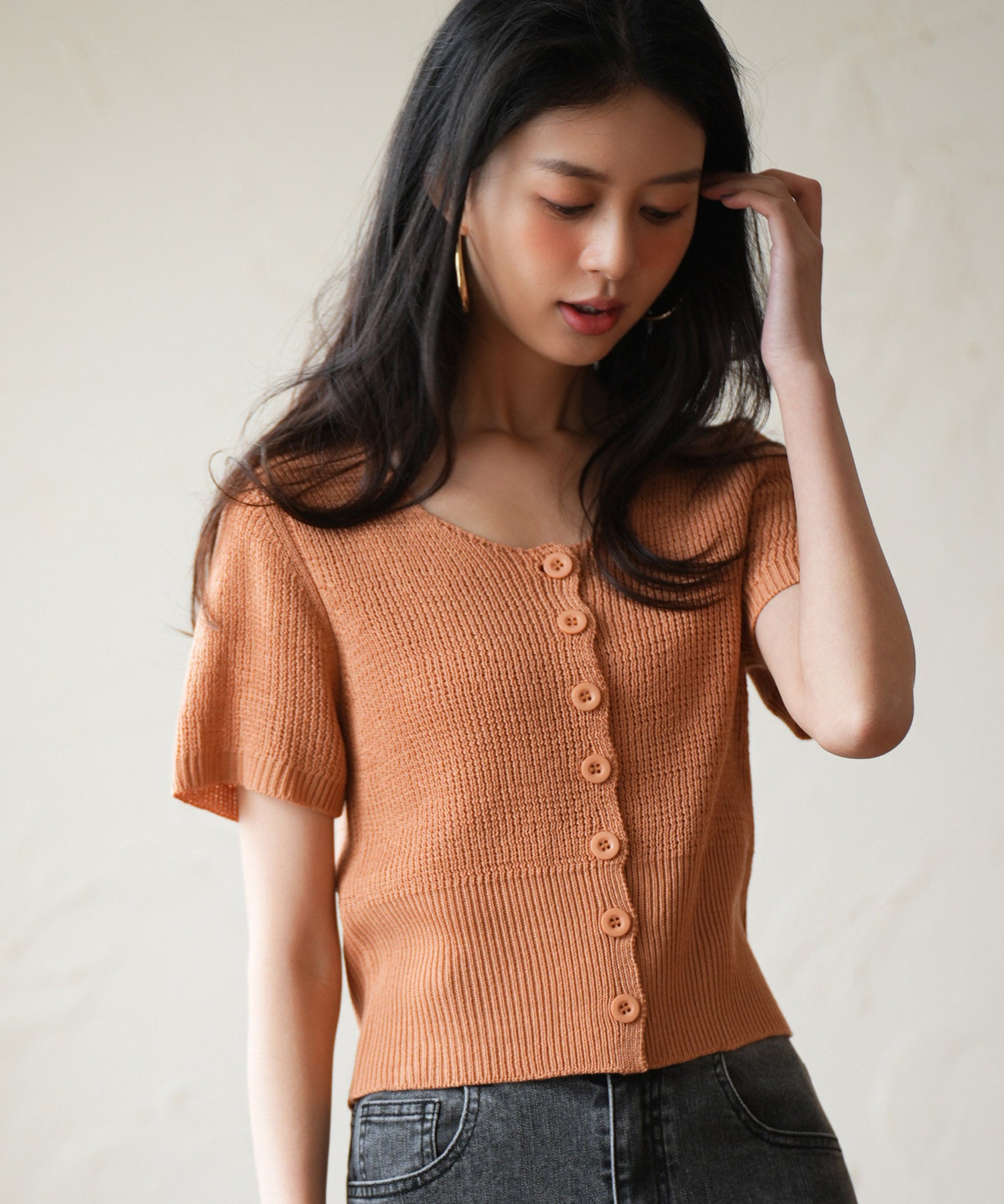 リブ切り替えショート丈半袖ニットsdpxyf6179 コーラル