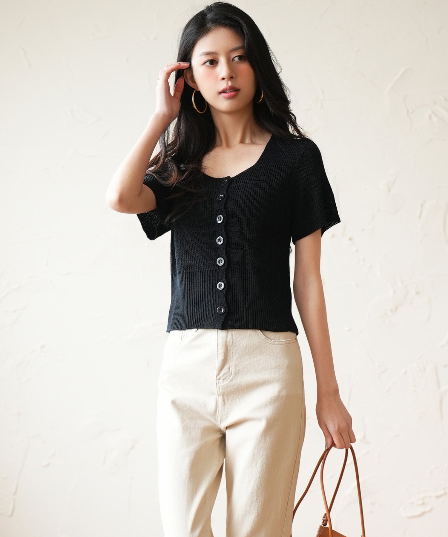 リブ切り替えショート丈半袖ニットsdpxyf6179 ブラック