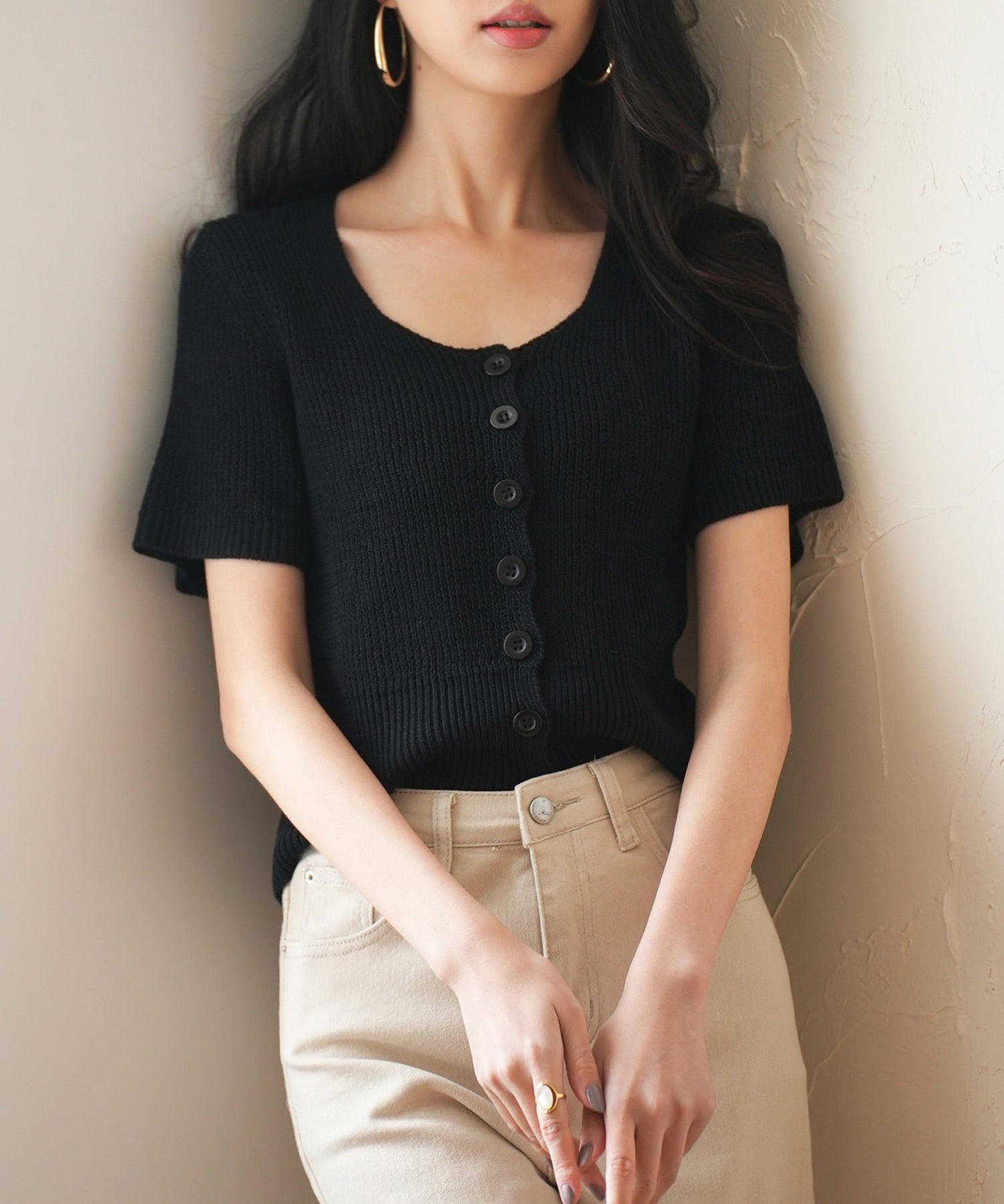 リブ切り替えショート丈半袖ニットsdpxyf6179 ブラック