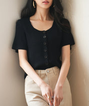 リブ切り替えショート丈半袖ニットsdpxyf6179 ブラック