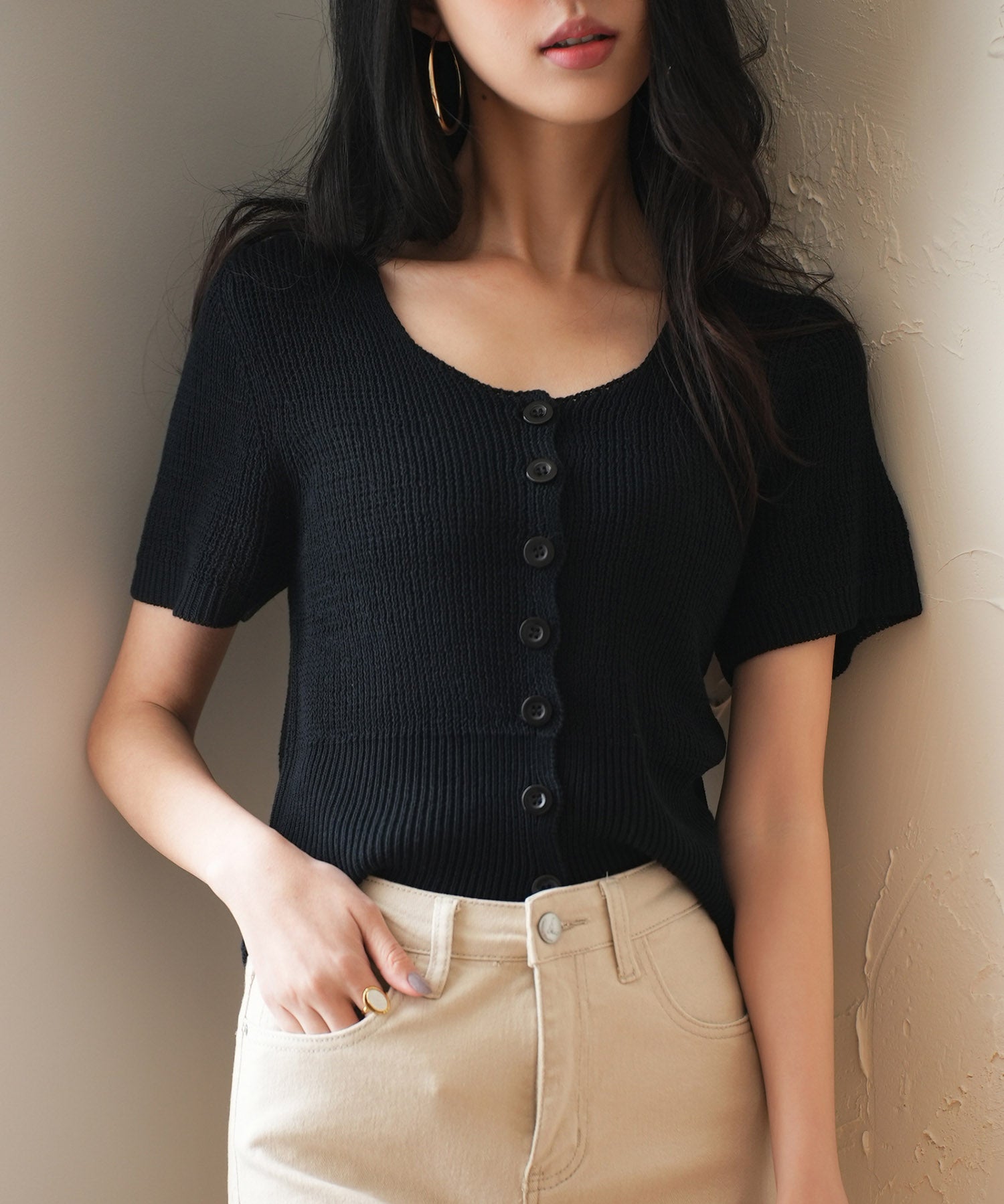 リブ切り替えショート丈半袖ニットsdpxyf6179 ブラック