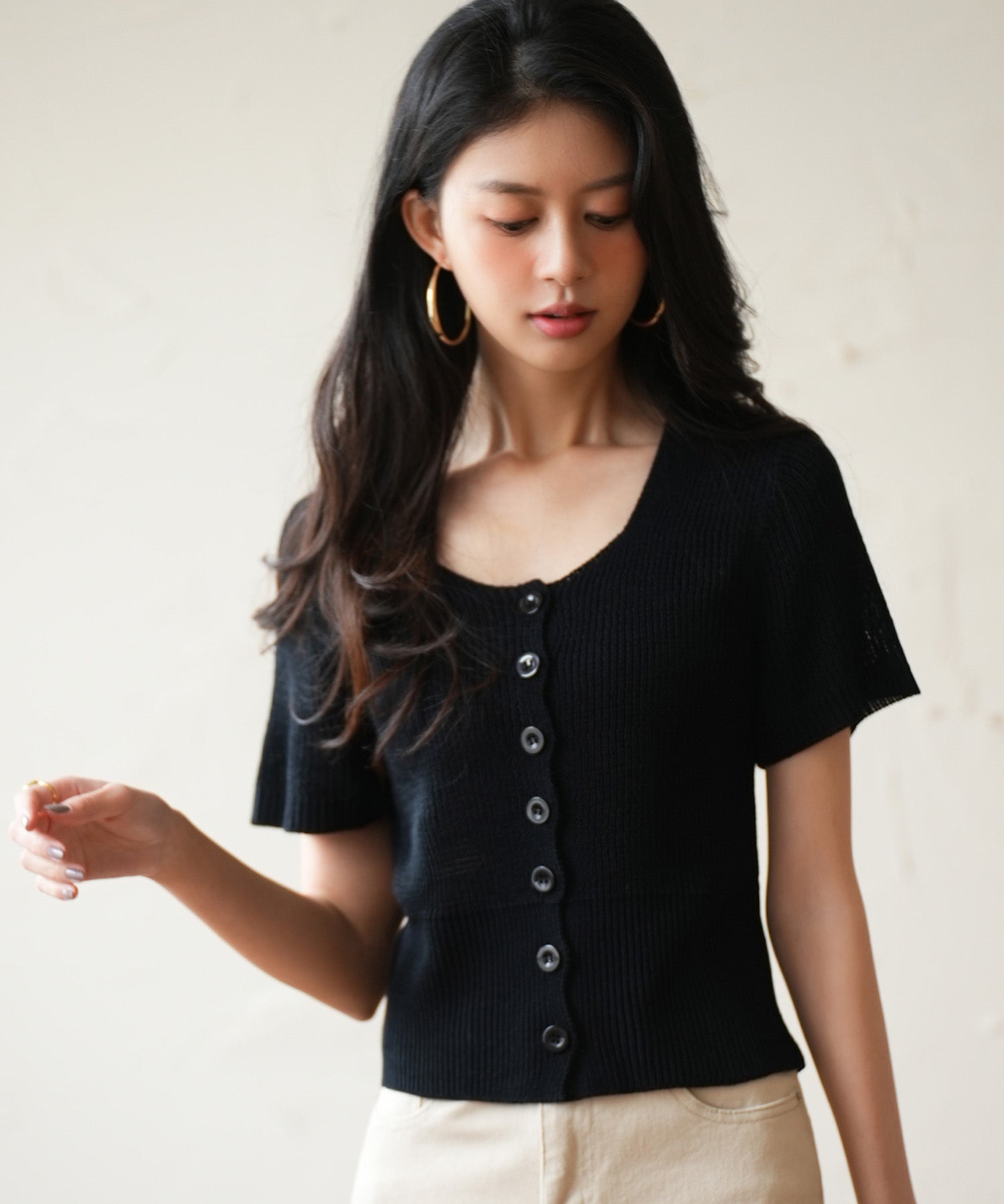 リブ切り替えショート丈半袖ニットsdpxyf6179 ブラック