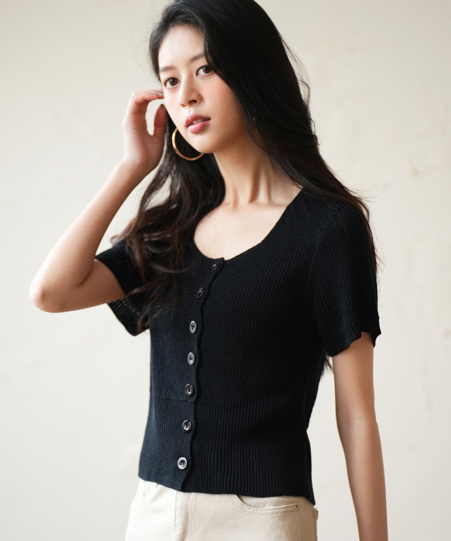 リブ切り替えショート丈半袖ニットsdpxyf6179 ブラック