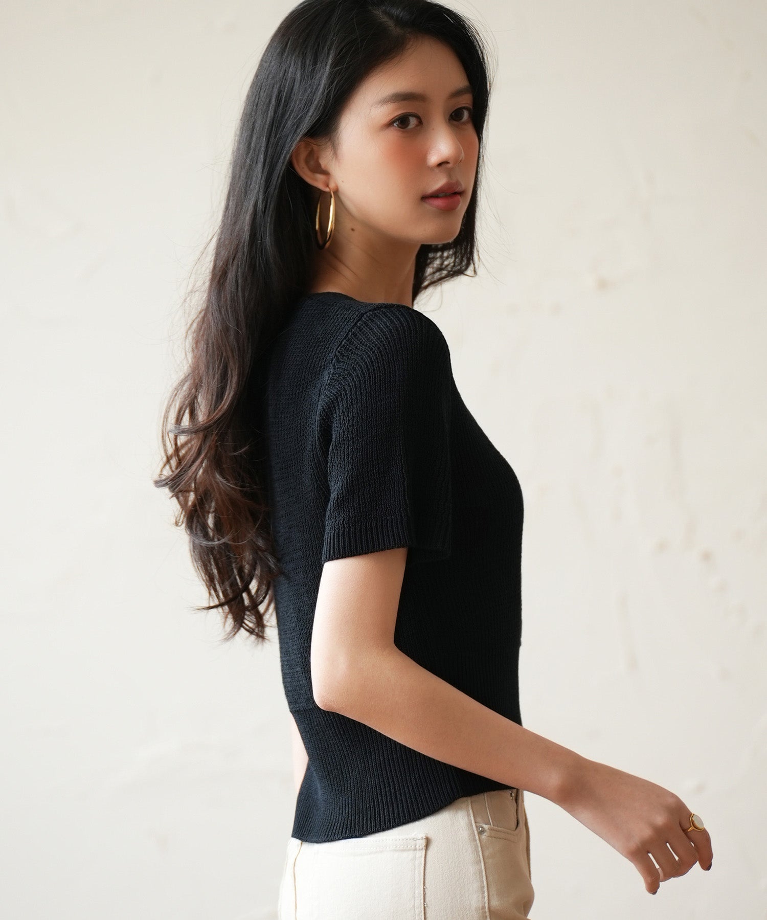 リブ切り替えショート丈半袖ニットsdpxyf6179 ブラック