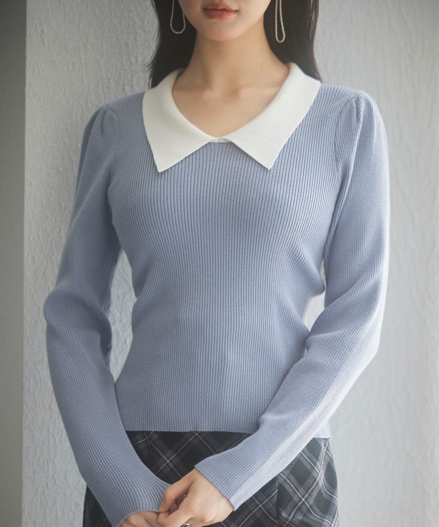 トレンドの襟付きリブニットsdpxyf6316 ブルーグレー