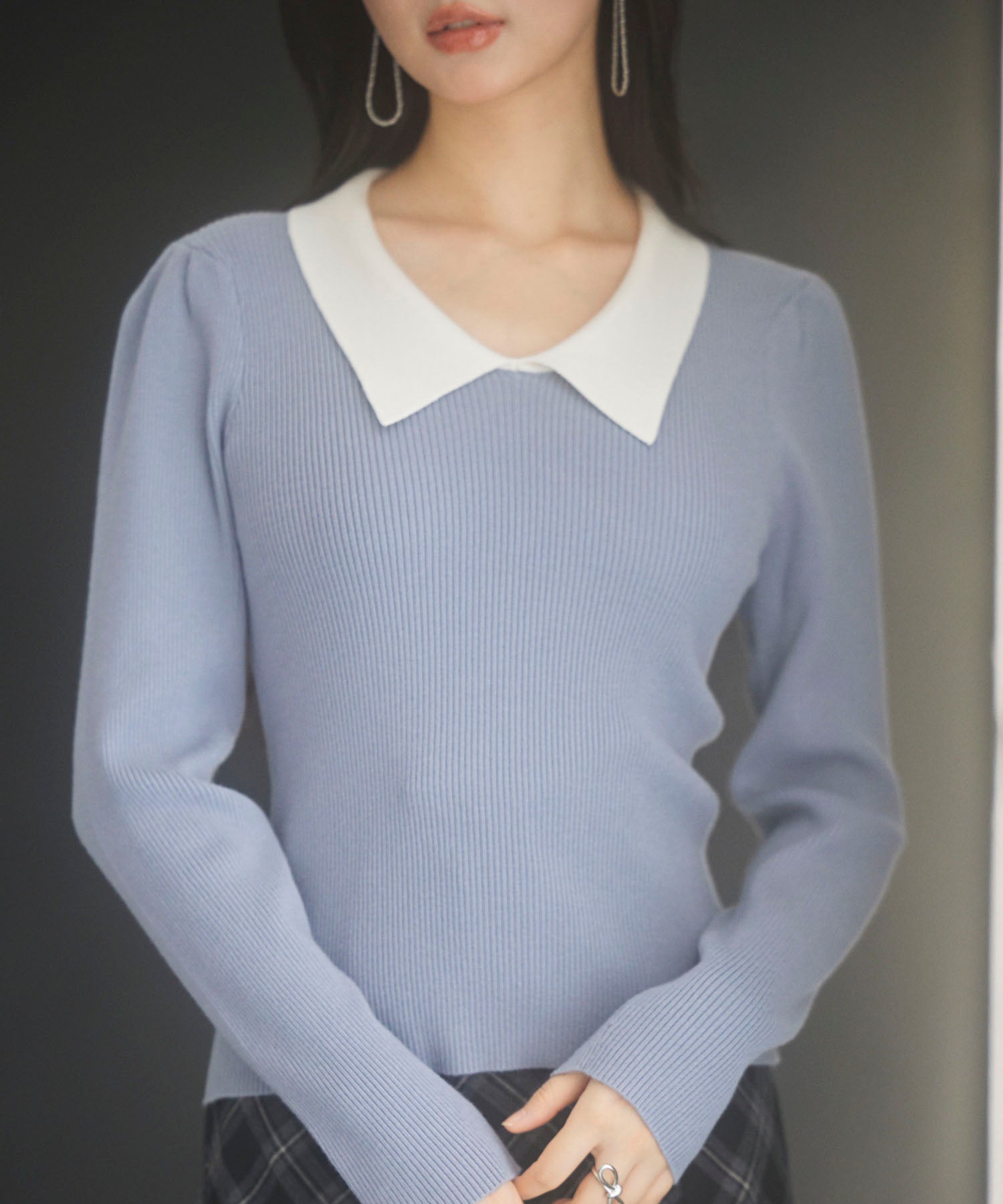 トレンドの襟付きリブニットsdpxyf6316 ブルーグレー