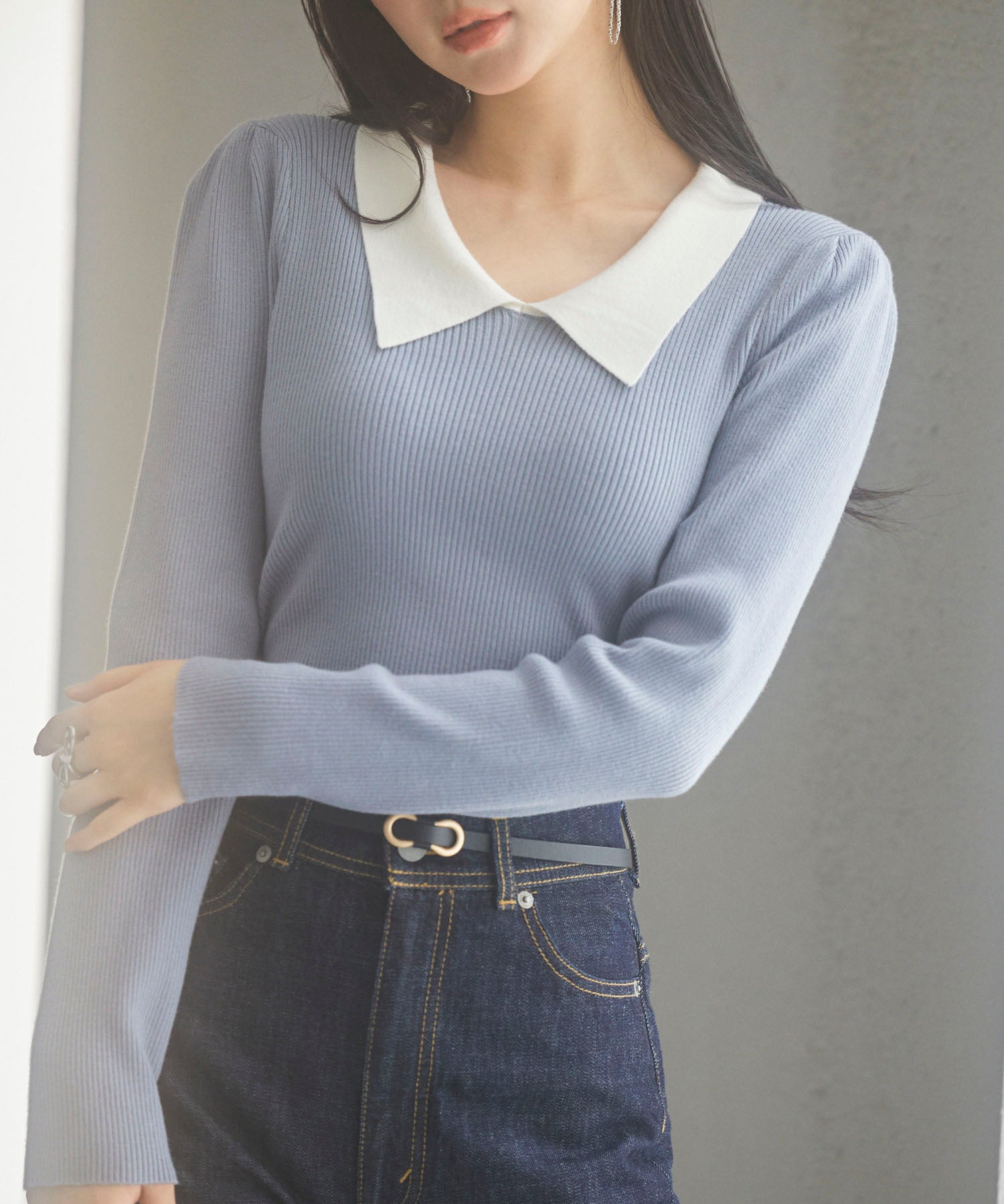 トレンドの襟付きリブニットsdpxyf6316 ブルーグレー