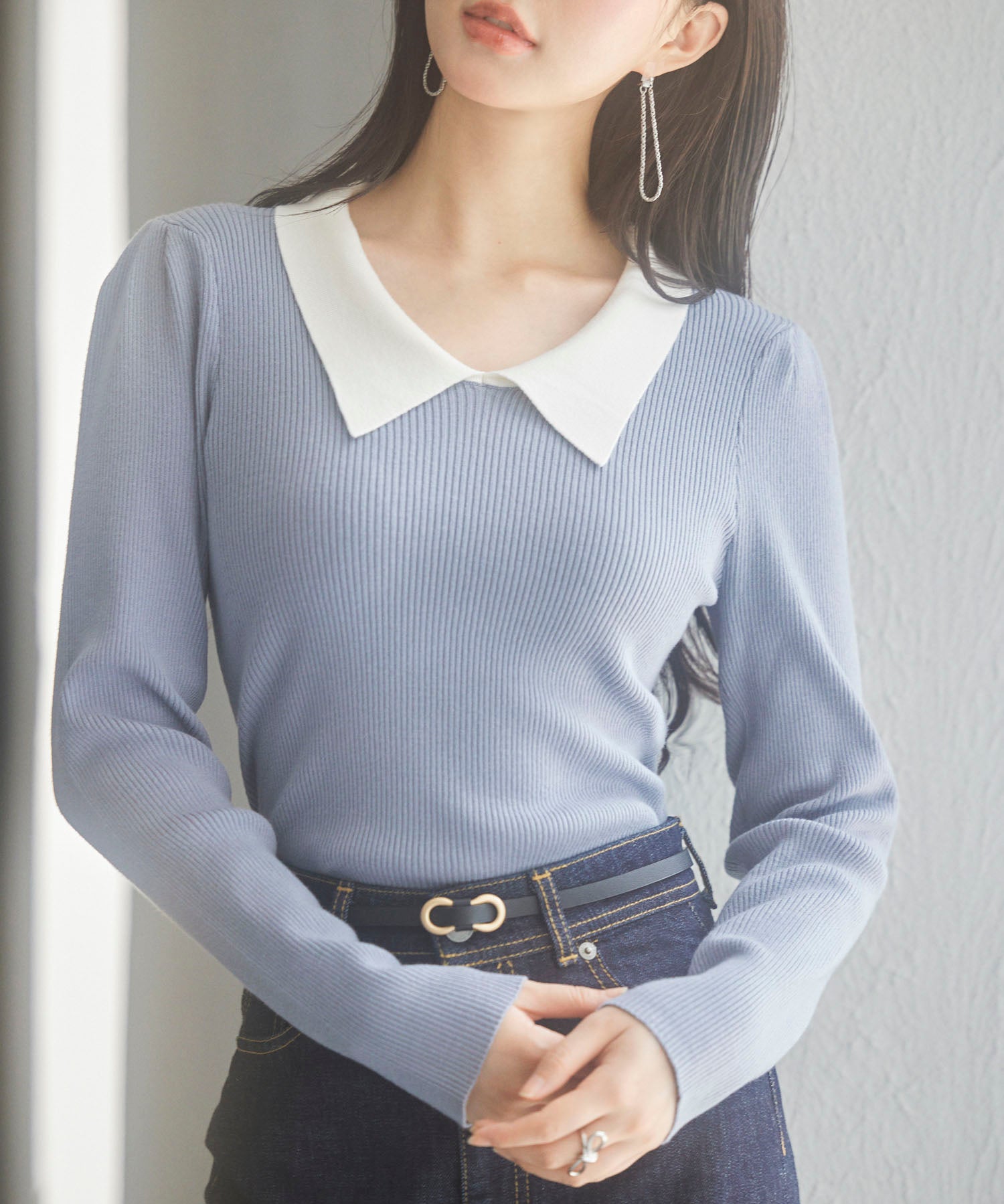 トレンドの襟付きリブニットsdpxyf6316 ブルーグレー