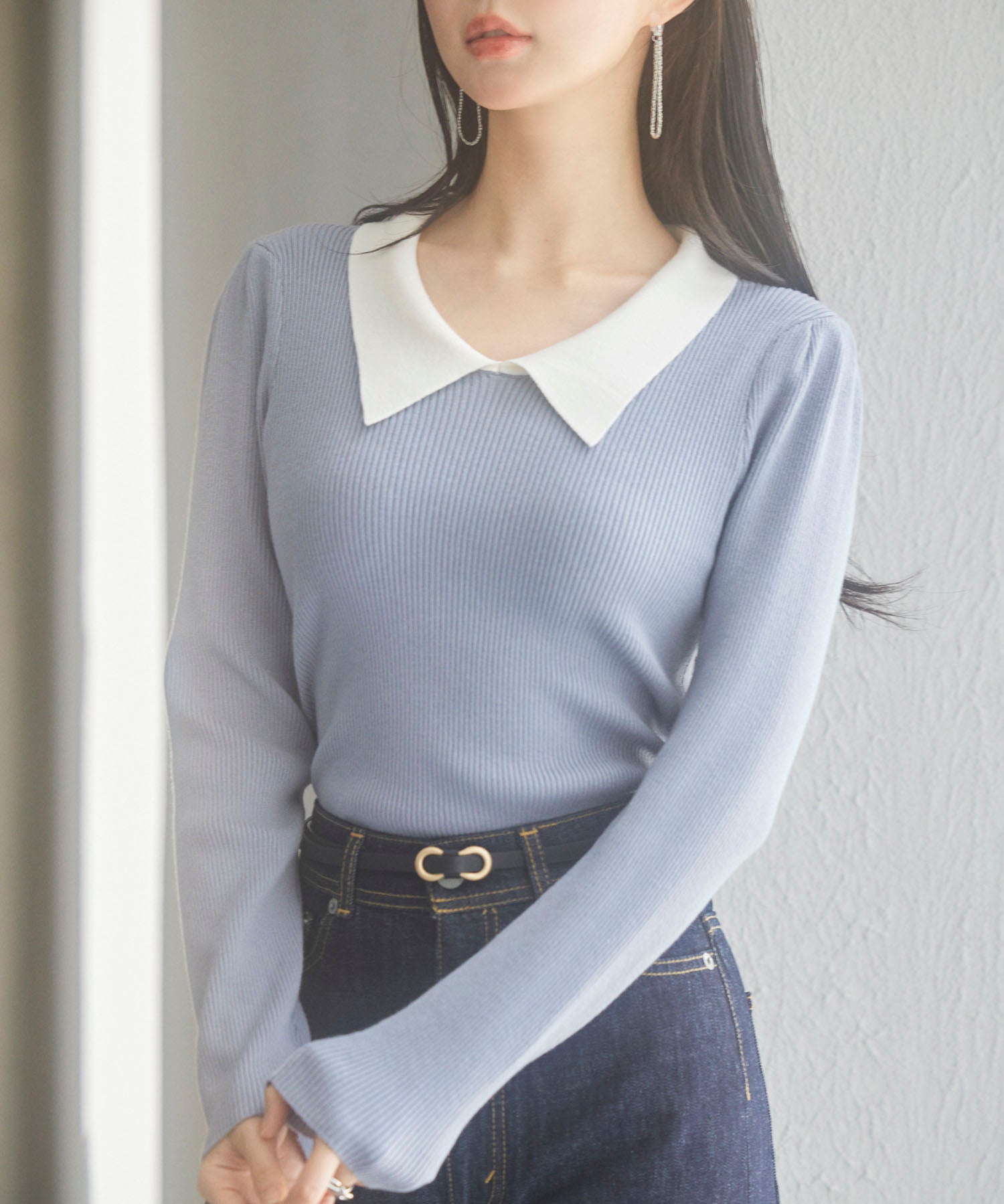 トレンドの襟付きリブニットsdpxyf6316 ブルーグレー