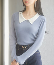 トレンドの襟付きリブニットsdpxyf6316 ブルーグレー