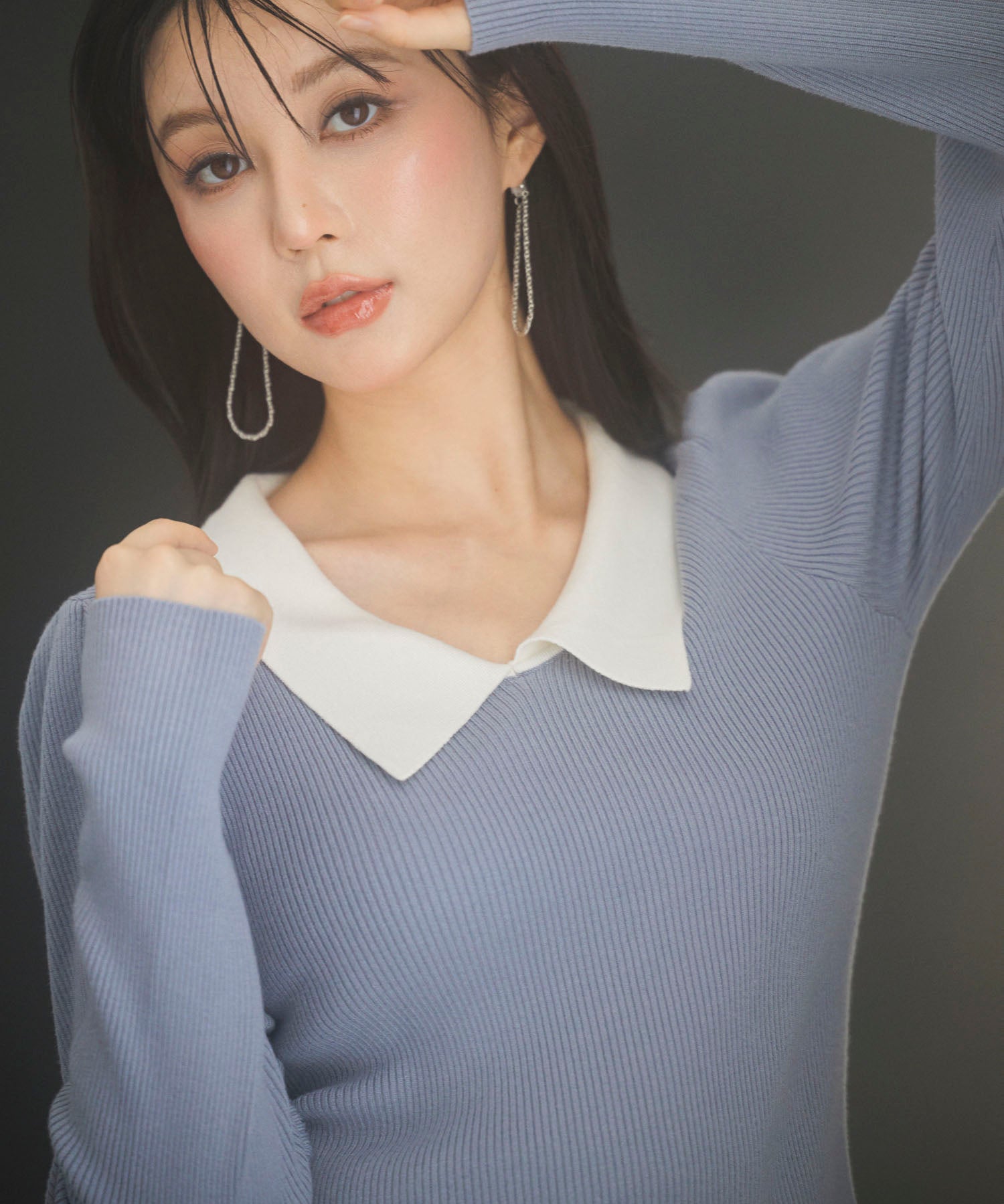 トレンドの襟付きリブニットsdpxyf6316 ブルーグレー