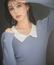 トレンドの襟付きリブニットsdpxyf6316 ブルーグレー