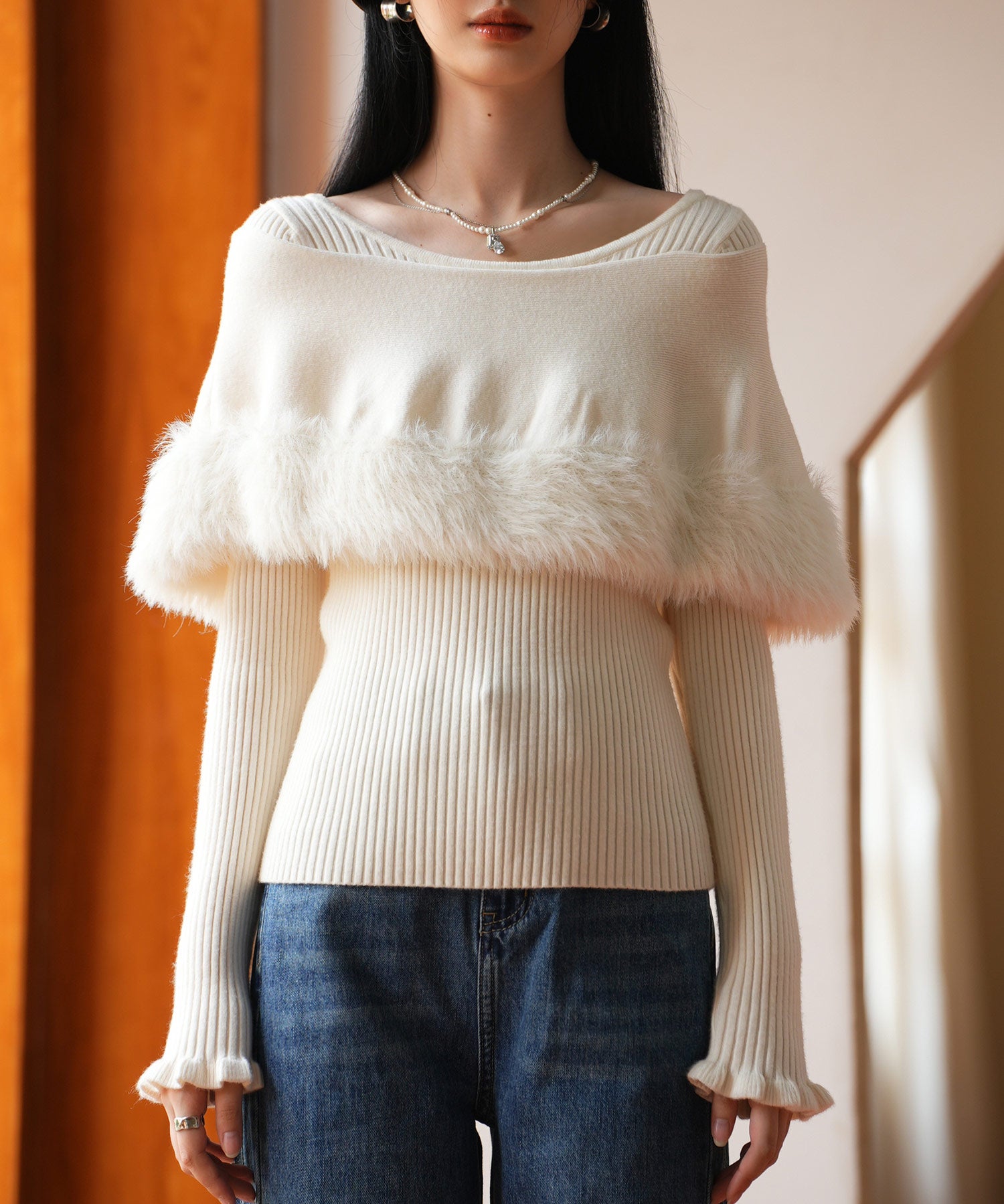 ファー付きケープライクニットプルオーバーsdpxyf6329 アイボリー