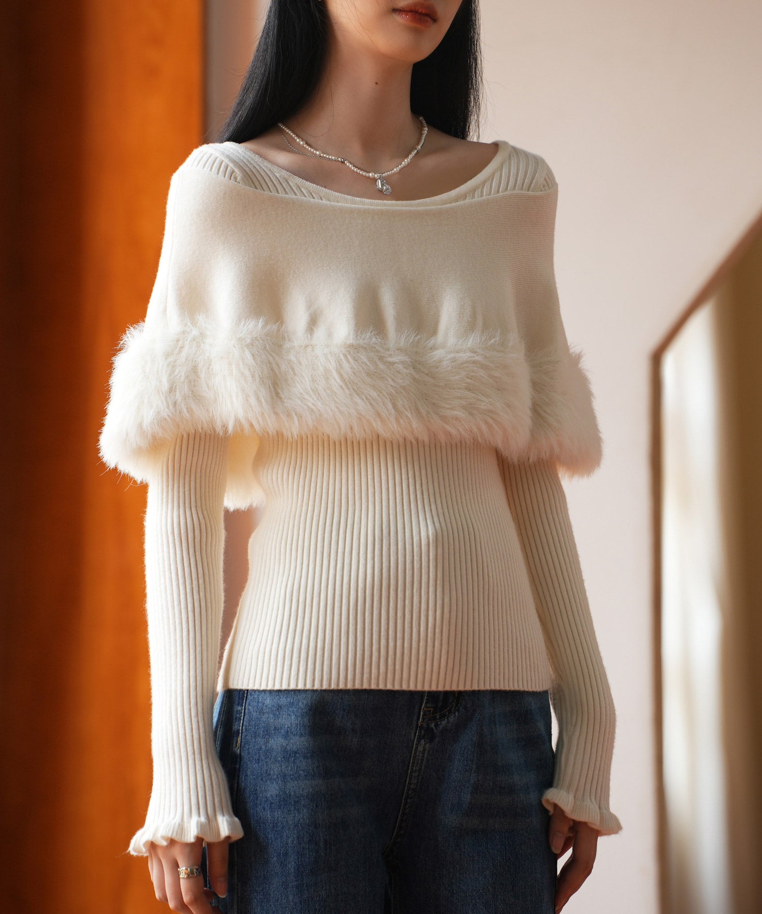 ファー付きケープライクニットプルオーバーsdpxyf6329 アイボリー