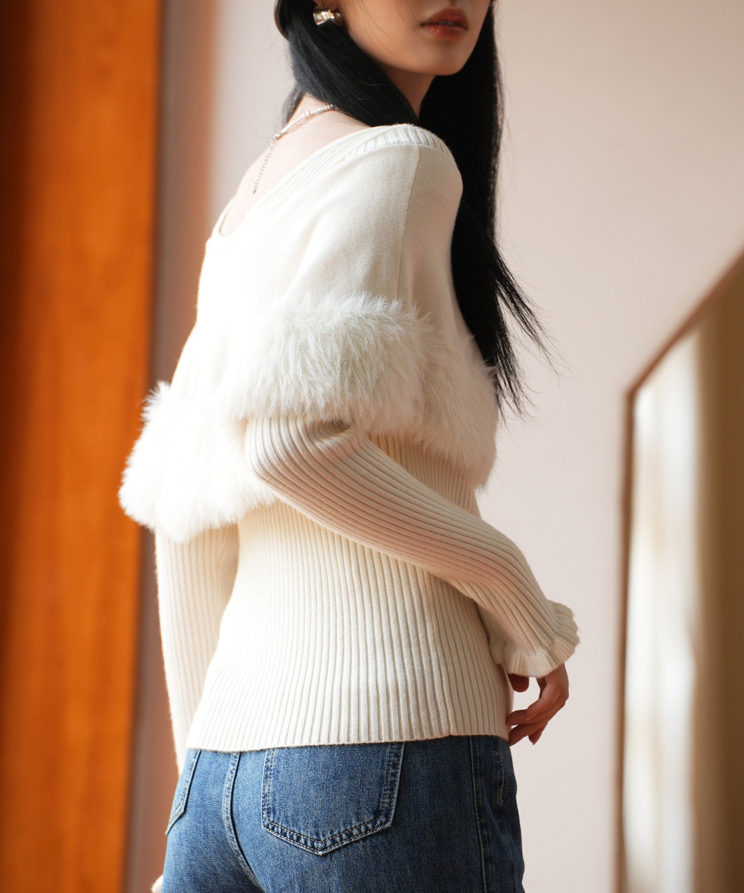 ファー付きケープライクニットプルオーバーsdpxyf6329 アイボリー