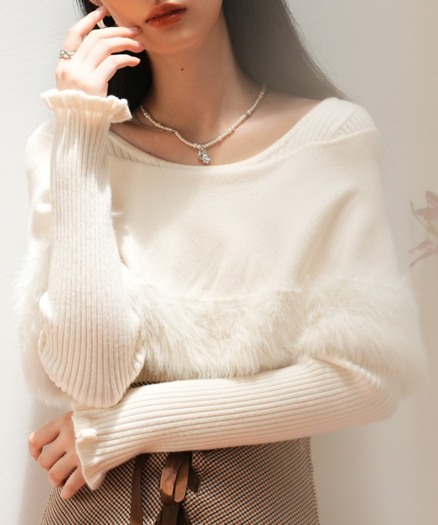 ファー付きケープライクニットプルオーバーsdpxyf6329 アイボリー