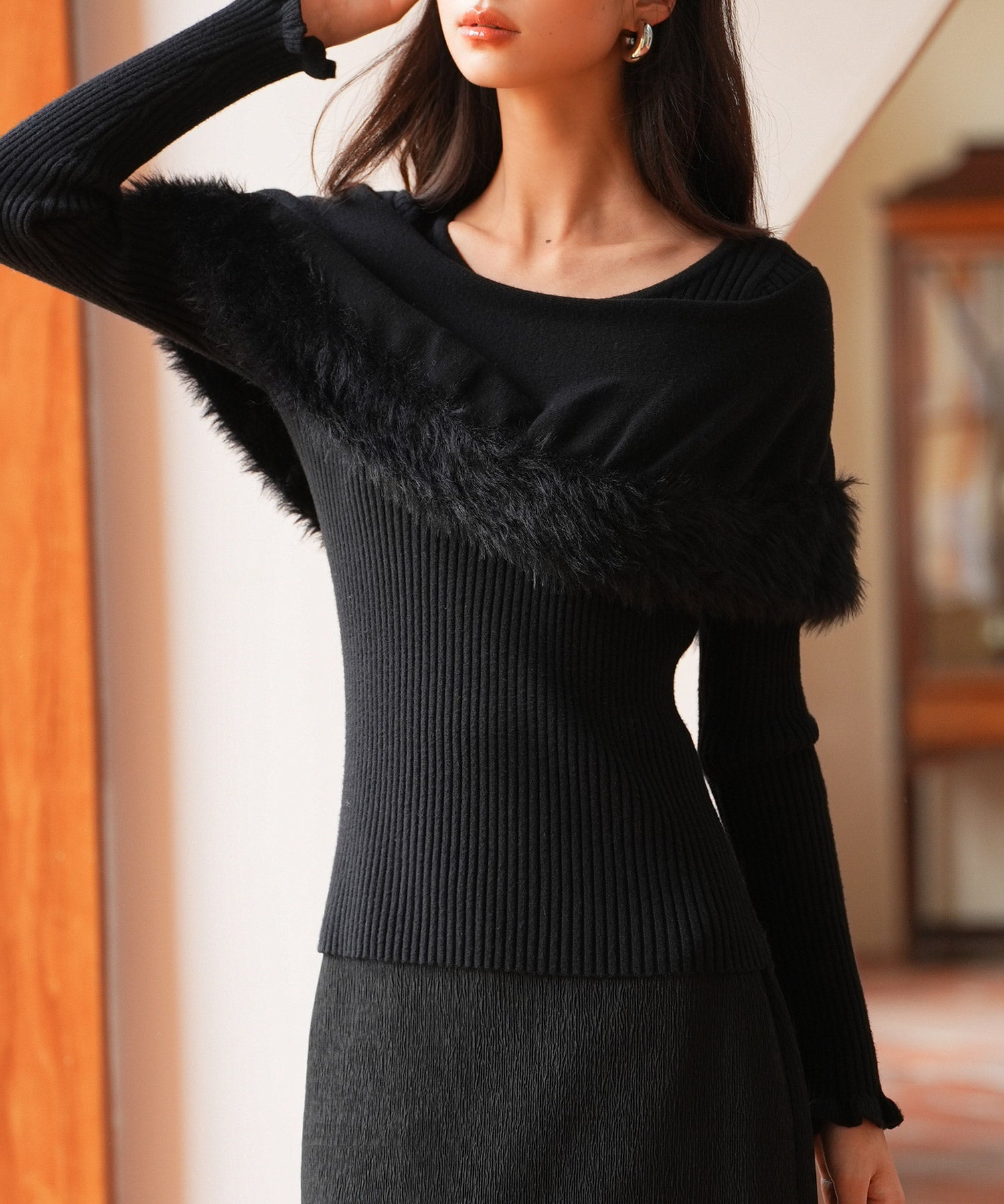 ファー付きケープライクニットプルオーバーsdpxyf6329 ブラック