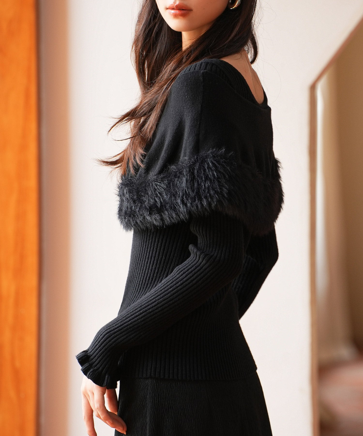 ファー付きケープライクニットプルオーバーsdpxyf6329 ブラック