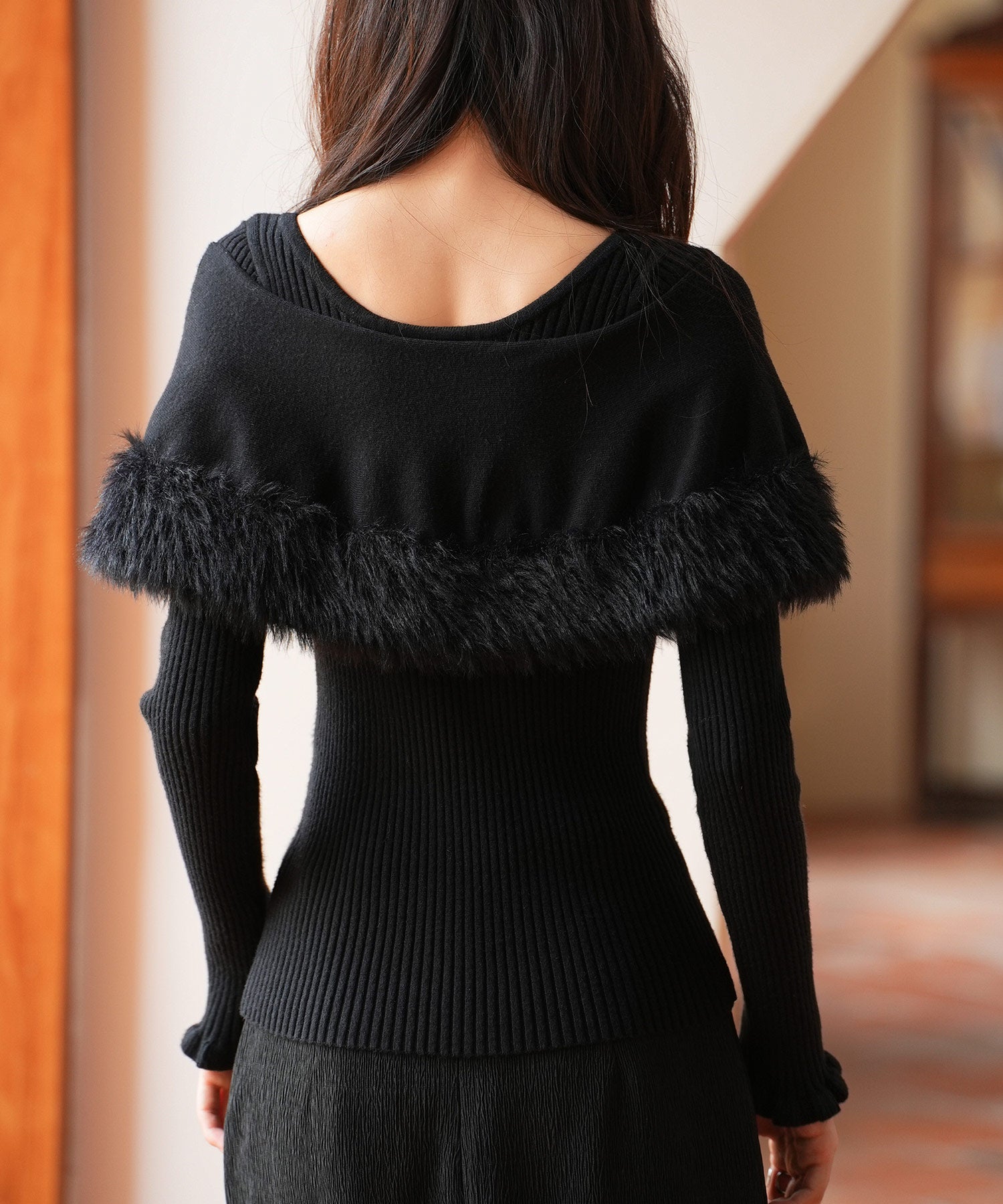 ファー付きケープライクニットプルオーバーsdpxyf6329 ブラック