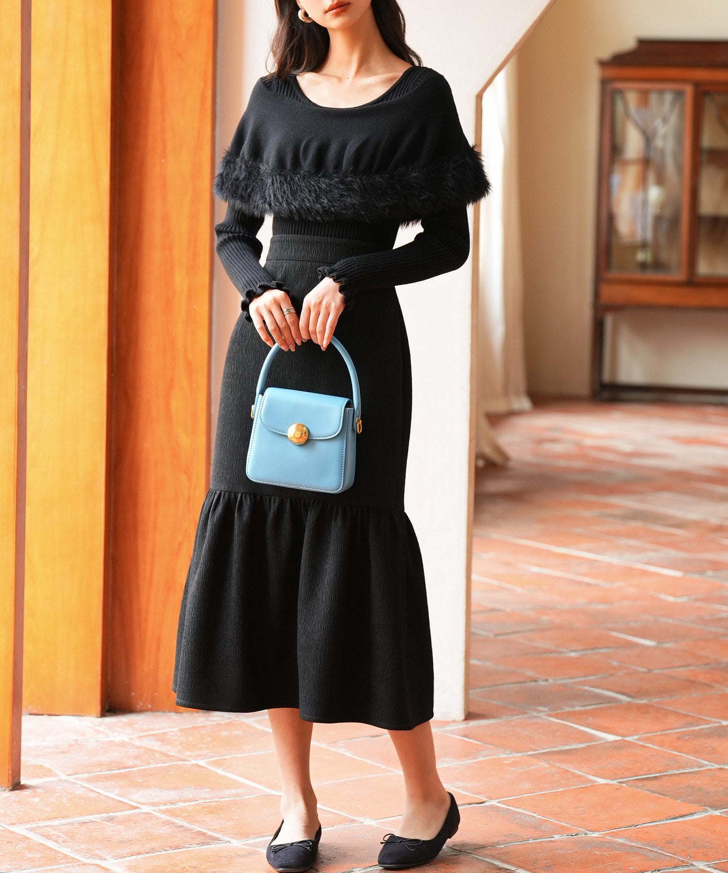 ファー付きケープライクニットプルオーバーsdpxyf6329 ブラック