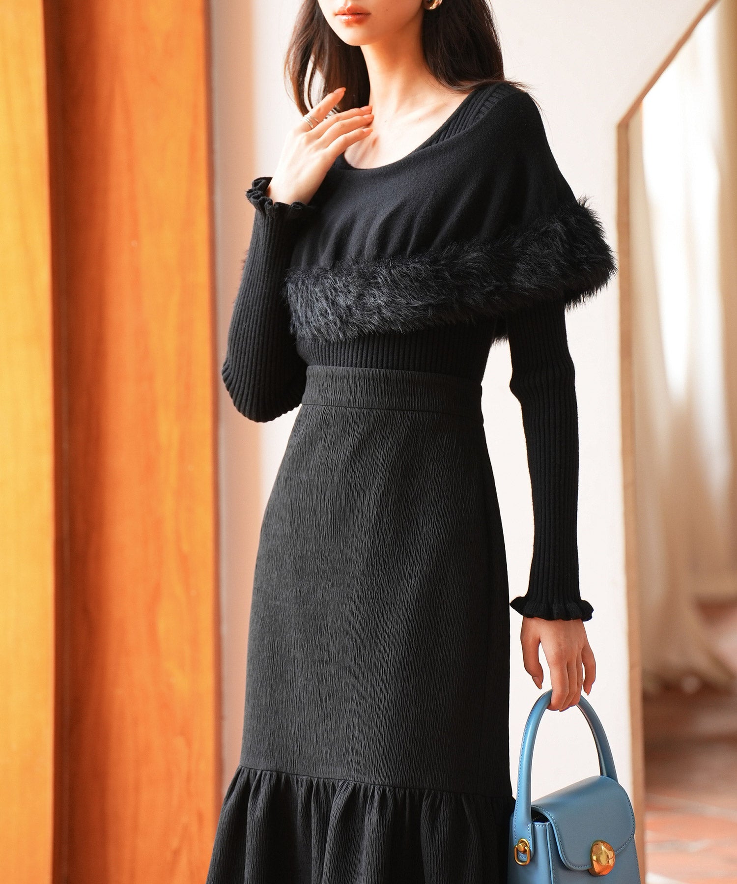 ファー付きケープライクニットプルオーバーsdpxyf6329 ブラック