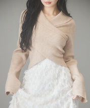 折り返し襟リブ編みニットプルオーバーsdpxyf6527 ベージュ