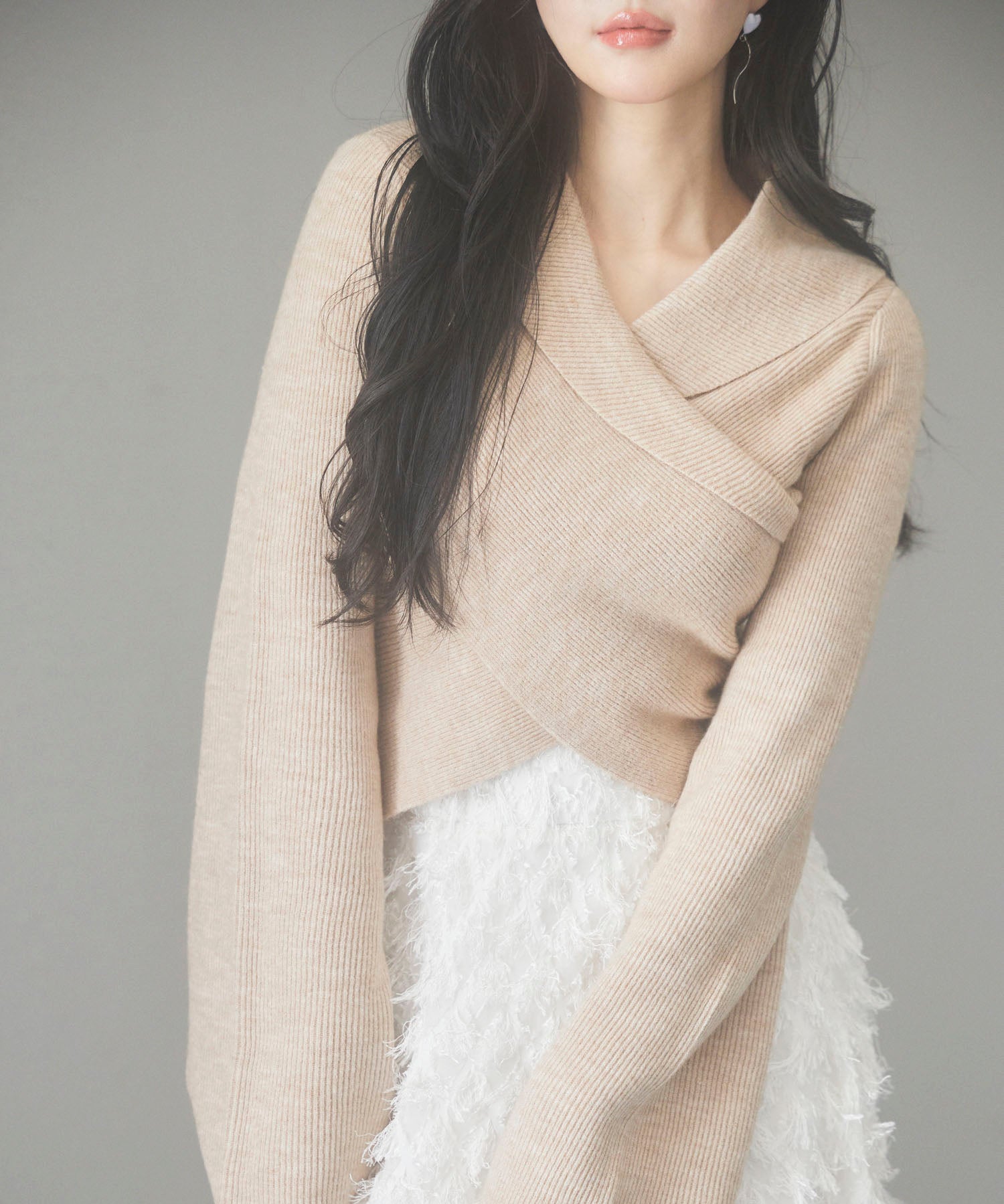 折り返し襟リブ編みニットプルオーバーsdpxyf6527 ベージュ