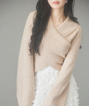 折り返し襟リブ編みニットプルオーバーsdpxyf6527 ベージュ