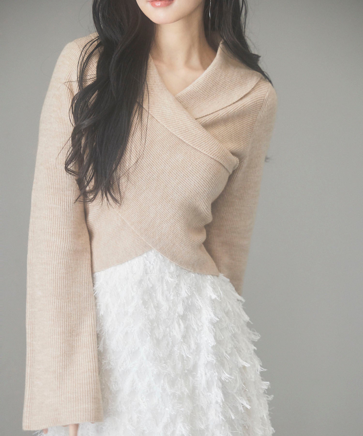 折り返し襟リブ編みニットプルオーバーsdpxyf6527 ベージュ