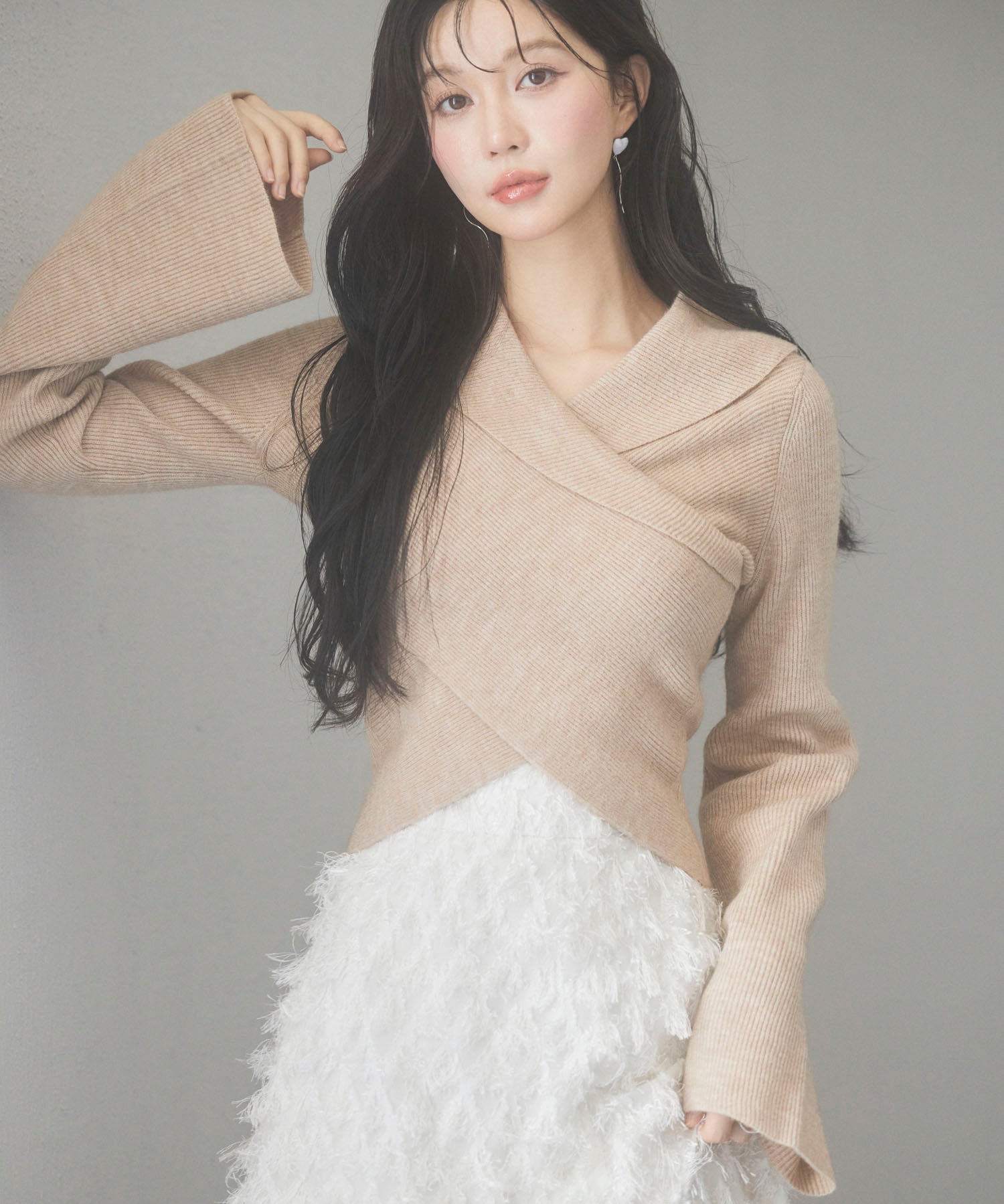 折り返し襟リブ編みニットプルオーバーsdpxyf6527 ベージュ