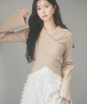 折り返し襟リブ編みニットプルオーバーsdpxyf6527 ベージュ