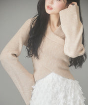 折り返し襟リブ編みニットプルオーバーsdpxyf6527 ベージュ