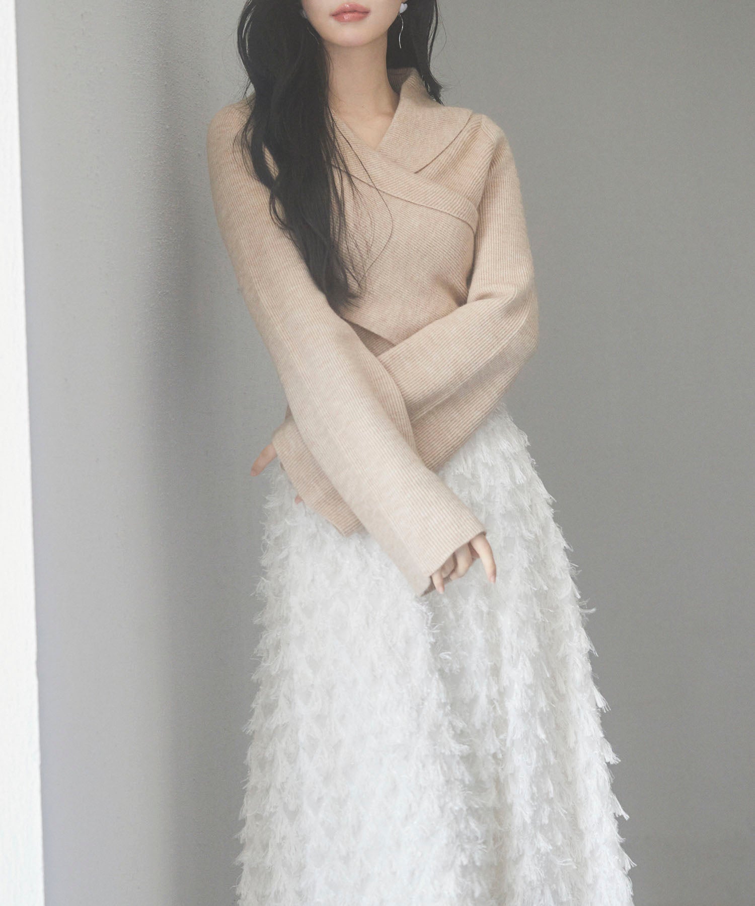 折り返し襟リブ編みニットプルオーバーsdpxyf6527 ベージュ