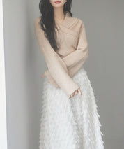 折り返し襟リブ編みニットプルオーバーsdpxyf6527 ベージュ