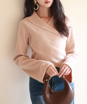 折り返し襟リブ編みニットプルオーバーsdpxyf6527 ライトブラウン