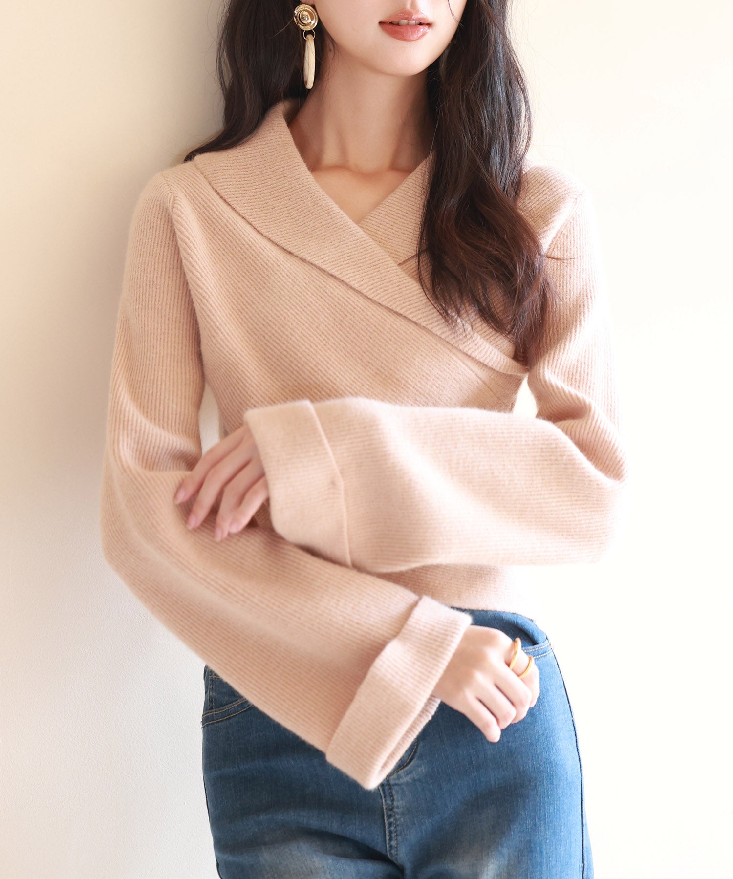 折り返し襟リブ編みニットプルオーバーsdpxyf6527 ライトブラウン