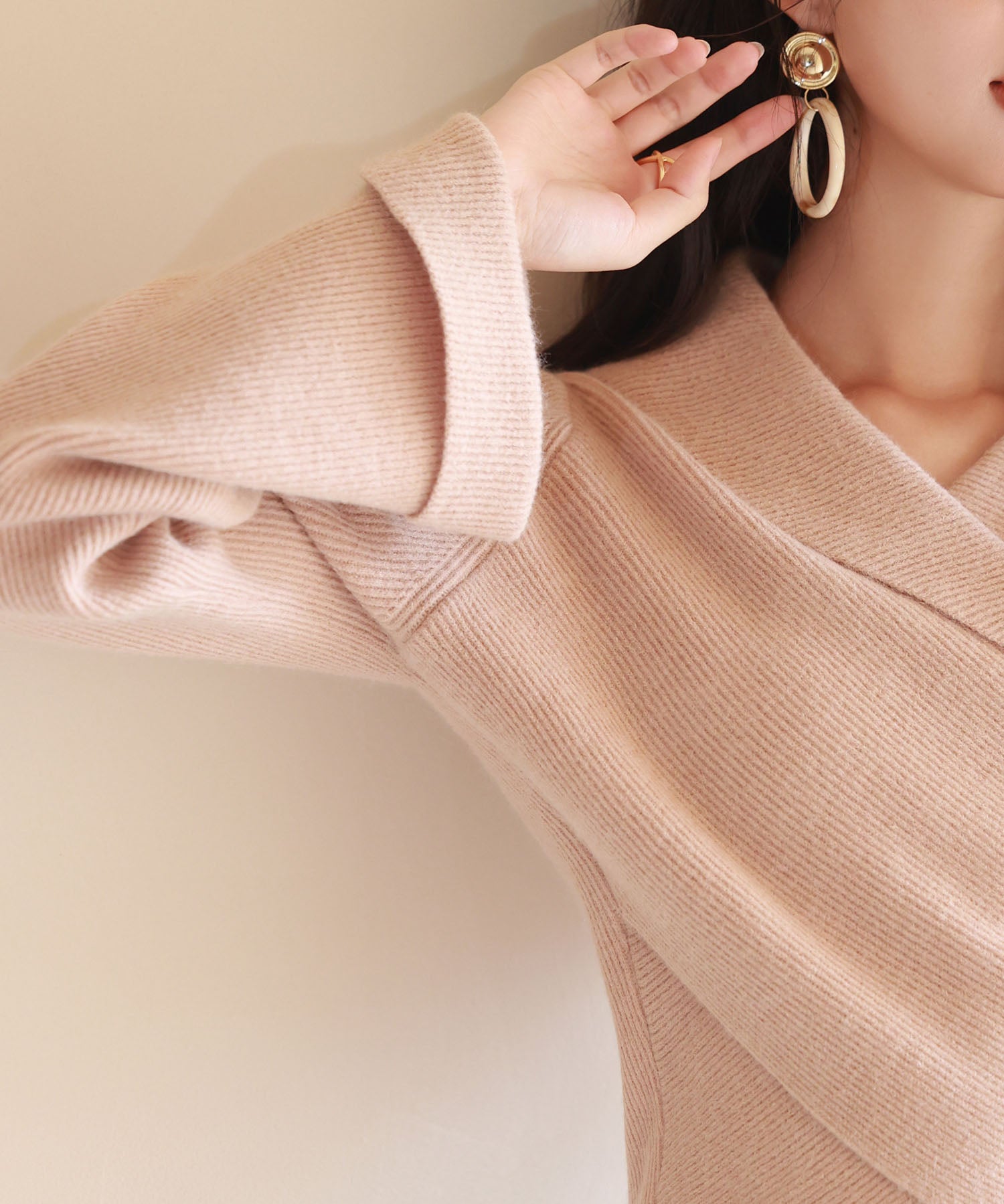 折り返し襟リブ編みニットプルオーバーsdpxyf6527 ライトブラウン