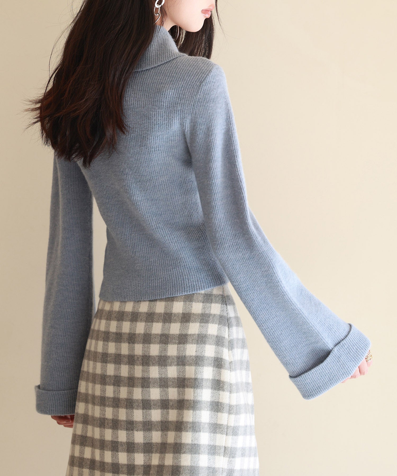 折り返し襟リブ編みニットプルオーバーsdpxyf6527 ブルーグレー