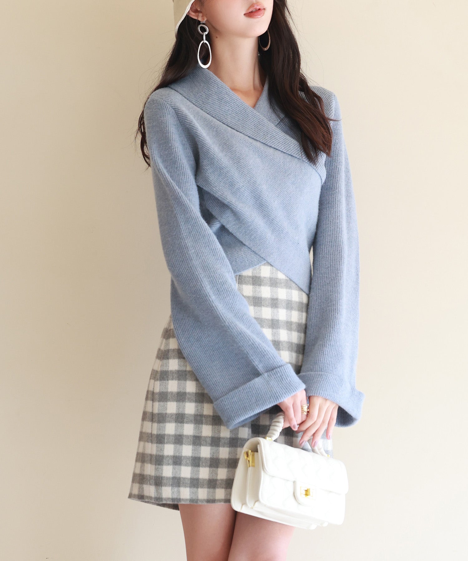 折り返し襟リブ編みニットプルオーバーsdpxyf6527 ブルーグレー