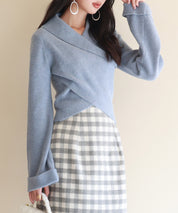 折り返し襟リブ編みニットプルオーバーsdpxyf6527 ブルーグレー