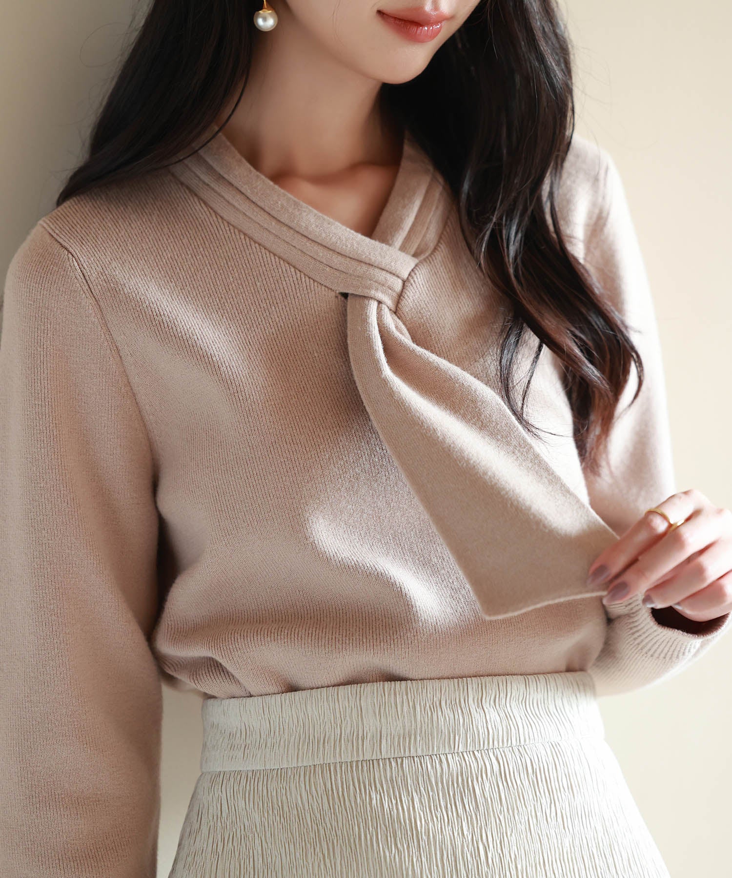 リボンハイゲージ編みニットプルオーバーsdpxyf6581 ベージュ